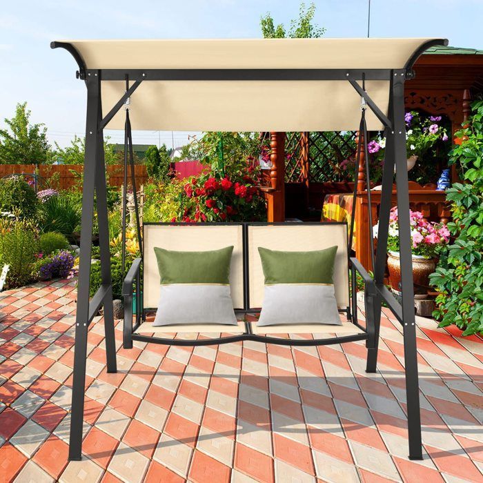 Silla colgante de 2 plazas DREAMADE con toldo ajustable, estructura metálica y asiento de tela, ganchos de resorte, para jardín, balcón o patio.