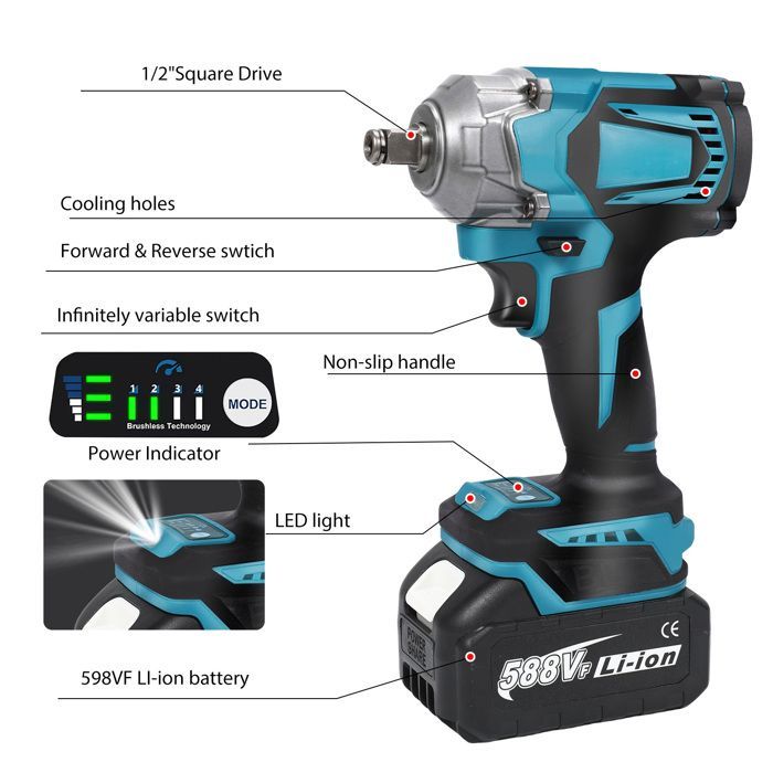 Avvitatore a impulsi brushless da 18 V 1200 Nm - 1 batteria da 18 V - 4 velocità - 6700 giri/min - Avvitatore a impulsi - Avvitatore elettrico a impulsi - Torcia