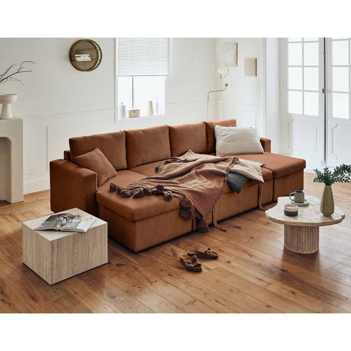 Cyrus - Divano panoramico a forma di U - 7 posti - trasformabile con contenitore - in velluto a coste - Terracotta