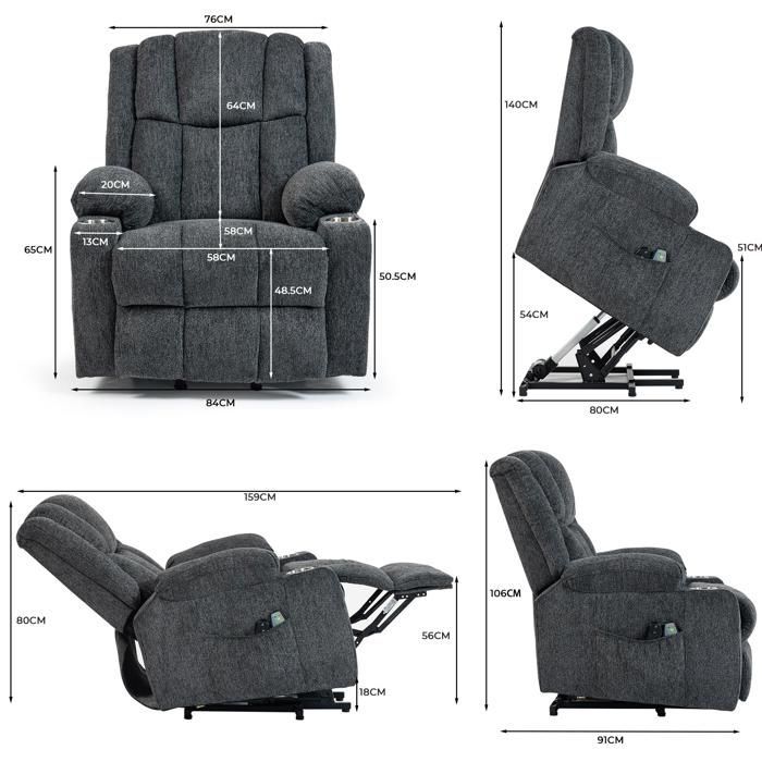 Poltrona elétrica ajustável (cinza escuro): função de elevação, massagem, aquecimento, apoio para os pés, 2 bolsos, porta-copos (para idosos)