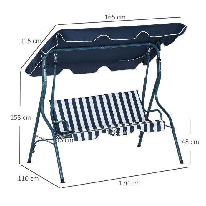 Altalena da giardino - Outsunny - 3 posti - tettuccio inclinabile regolabile - cuscini per seduta e schienale - acciaio e poliestere - a righe blu e bianche