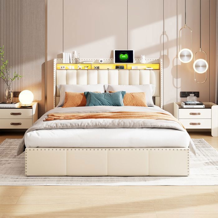 Cama doble con espacio de almacenamiento de 140x190 cm - TANANT - Beige - Iluminación LED integrada - Almacenamiento práctico - Cabecero decorativo