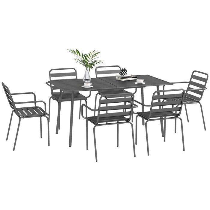 Salon de jardin Outsunny ensemble salle à manger de jardin 7 pièces avec 1 table et 6 chaises empilables en acier gris