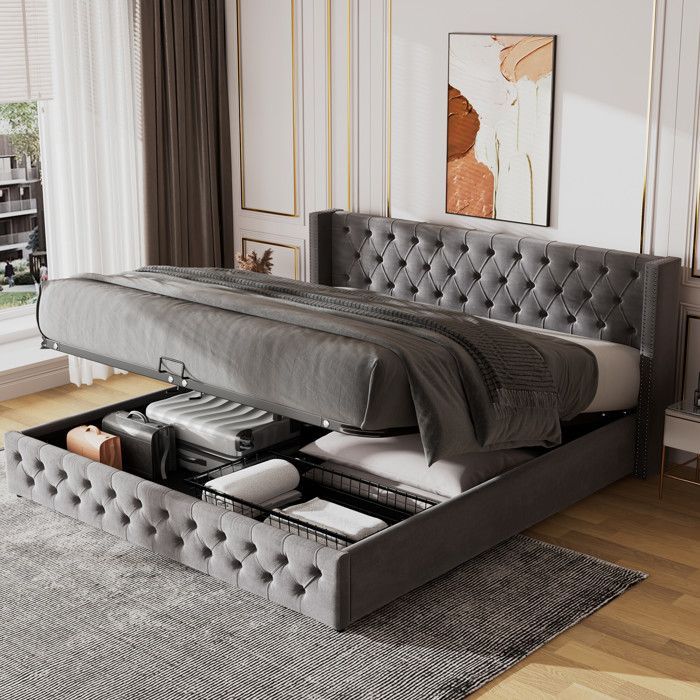 Letto contenitore - TKOPY - Letto matrimoniale per adulti 180x200 cm, letto imbottito con rete a doghe e vano contenitore, velluto grigio
