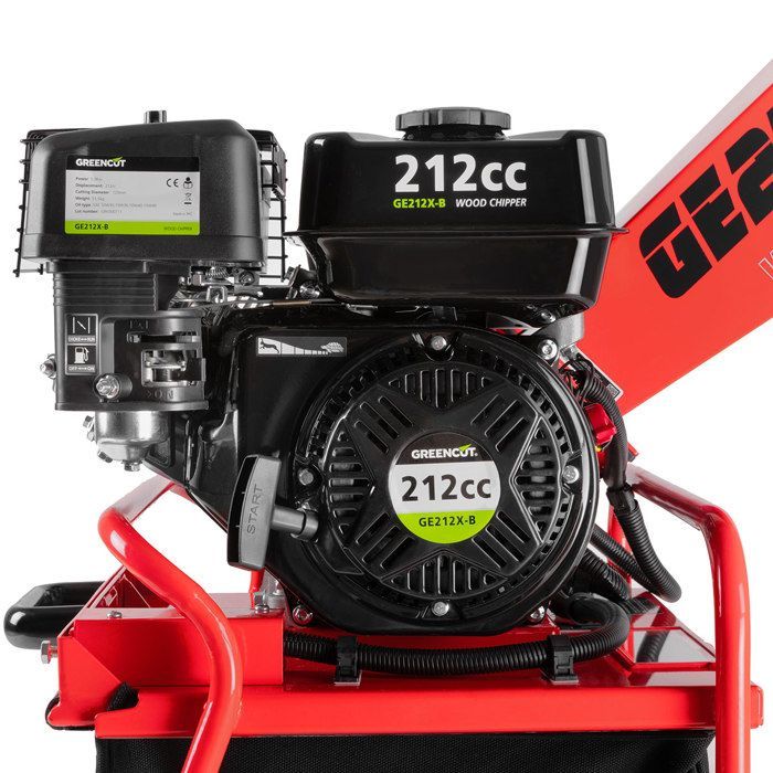 Broyeur de végétaux thermique - Greencut GE212X-B - 212cc 5kw - diamètre coupe 50mm - sac 64L - roues et poignée pour le transport
