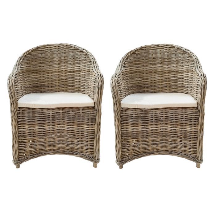 Conjunto de 2 sillones de kubu tejido natural con cojines blancos – MAEVA 2 Meubletmoi