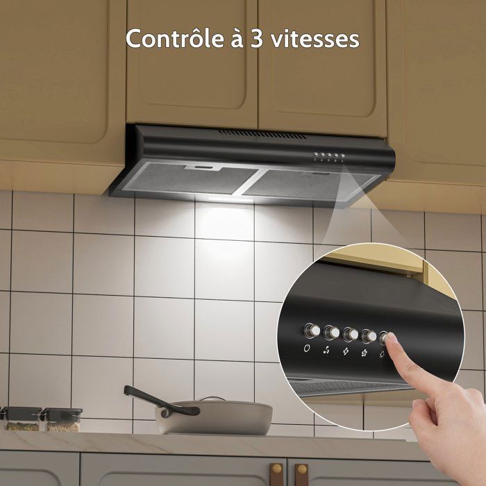 FIREGAS 60 cm zwarte onderbouwafzuigkap – Energieklasse A+ – Afzuiging en recirculatie – Koolstoffilter