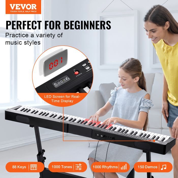 Teclado de piano digital VEVOR - 88 teclas - 1000 tonos - Pedal de sustain, auriculares, micrófono, MIDI USB, para principiantes
