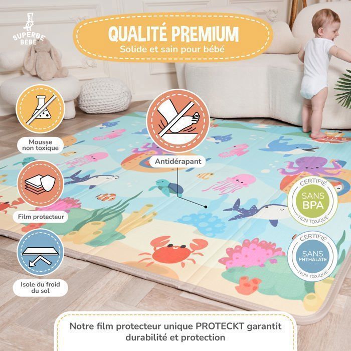 Omkeerbare en waterdichte opvouwbare speelmat - 180x150x1cm | Schuimrubberen speelmat voor kinderen - ZEE | SUPERBE BABE