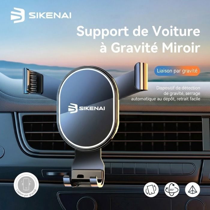 Supporto per telefono da auto - SIKENAI - Supporto per telefono da bocchetta dell'aria - Sensore di gravità - Rotazione a 360° - Nero