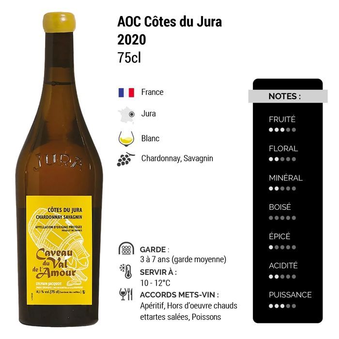 Caveau du Val de l'Amour Côtes du Jura Chardonnay Savagnin 2020 - Vino Blanco del Jura (3x75cl)