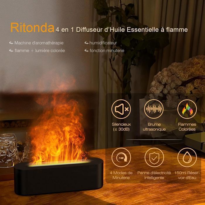 Diffuser voor etherische oliën - Aromadiffuser met 7 kleuren veranderende vlam - Mini ultrasone luchtbevochtiger van 150 ml