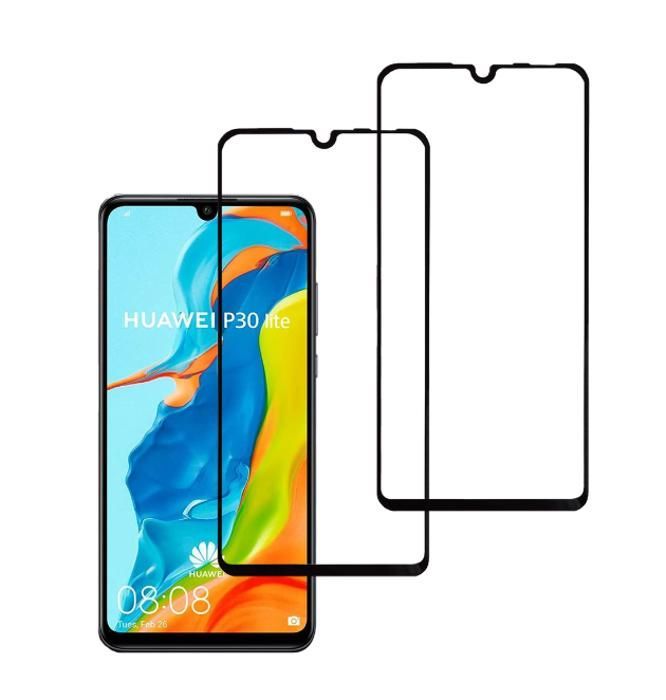 protectores de pantalla de vidrio templado para HUAWEI P30 LITE. Protector de pantalla negro de cobertura total - Ultra resistente a los arañazos, dureza 9H.