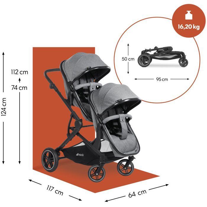 HAUCK - Double Stroller - Atlantic Twin - 4 Wheels - Heather Grey