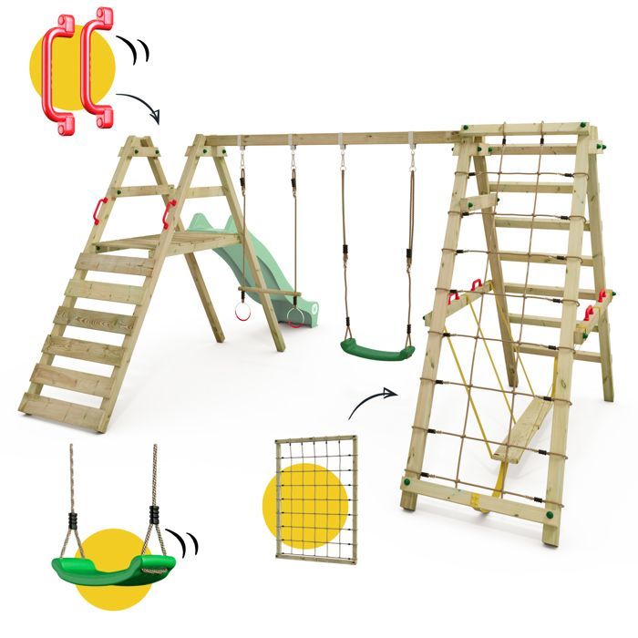 Altalena doppia in legno WICKEY Smart Shake con scivolo verde pastello da 220 cm e struttura per arrampicata – 10 anni di garanzia*