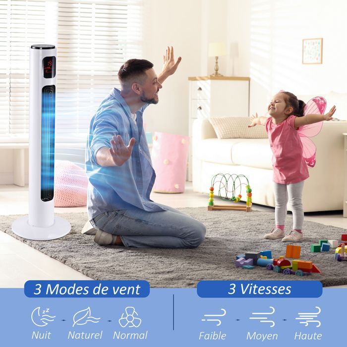 Ventilador de torre HOMCOM - Silencioso, 3 modos, 3 velocidades, mando a distancia, LED - 96 cm - Blanco