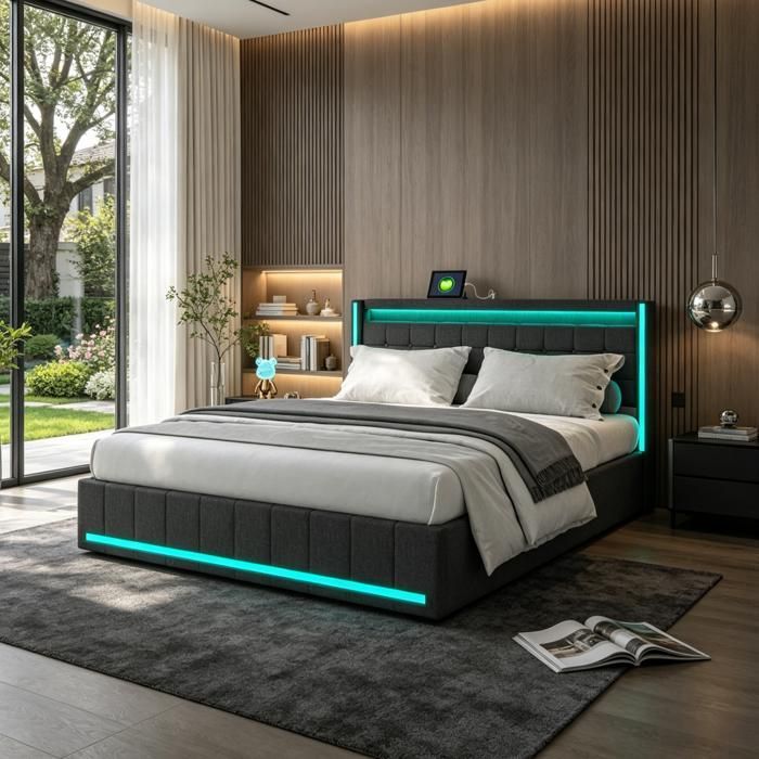 Tweepersoonsbed 160x200 cm - Volwassenenbed met LED-verlichting en USB-oplaadpunt - 4 lades - lattenbodem - linnen - donkergrijs