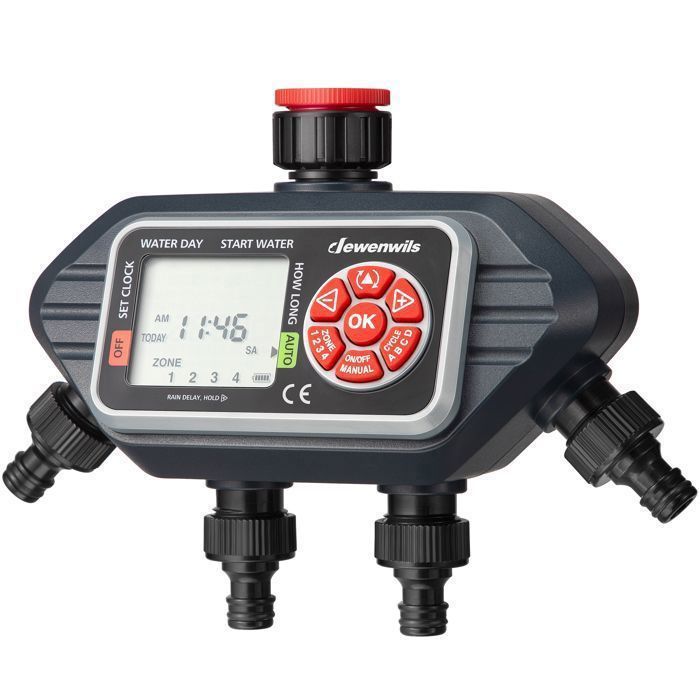 Controlador de riego exterior de 4 vías DEWENWILS - 4 programas por zona - Temporizador de riego automático para jardín - Resistente al agua