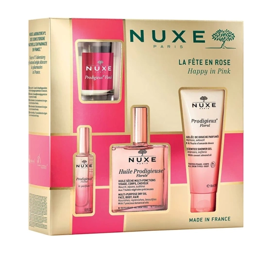 Nuxe Happy In Pink zestaw kosmetyków do pielęgnacji ciała żel 100 ml   olejek 50 ml   perfumy 15 ml  świeczka 70 g