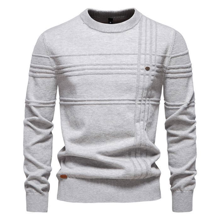 Maglione da uomo in cotone elasticizzato a girocollo, vestibilità slim, tinta unita - grigio
