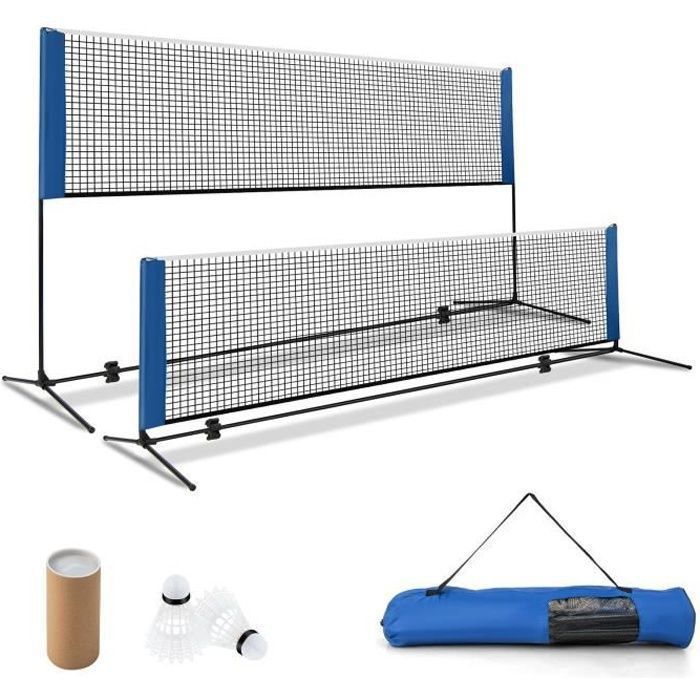 COSTWAY Draagbaar Badmintonnet 420x102x89-155cm - Verstelbare hoogte - 2 shuttlecocks - PE - Opzetten in 5 minuten - Opbergtas - Blauw