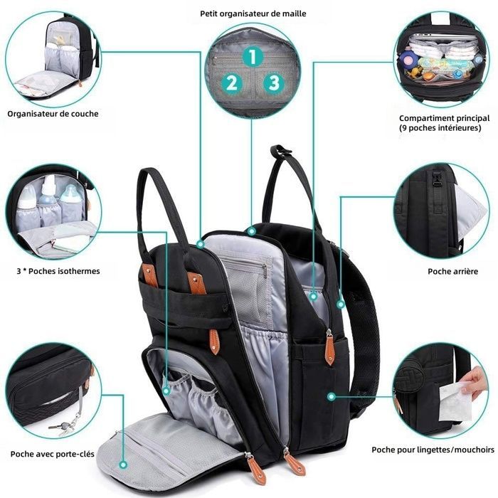 Bolso cambiador de gran capacidad, cambiador, portachupetes, correas para cochecito, bolso de viaje multifuncional para mamá y papá.