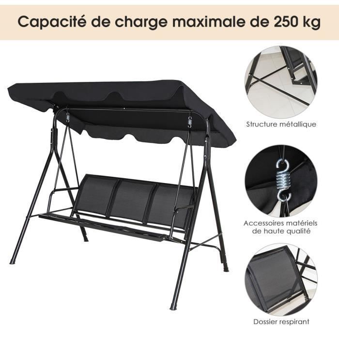 DREAMADE Balancelle de Jardin 3 Places en Acier avec Toit Inclinaison réglable pour Jardin/Balcon,Balançoire exterieur,Charge 250KG