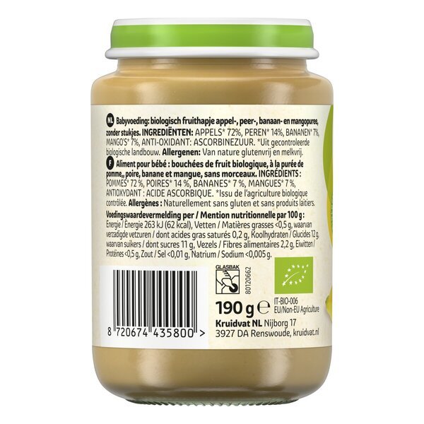 Kruidvat 6+M Bioloģiskais ābolu, bumbieru, banānu un mango augļu našķis<br>190g