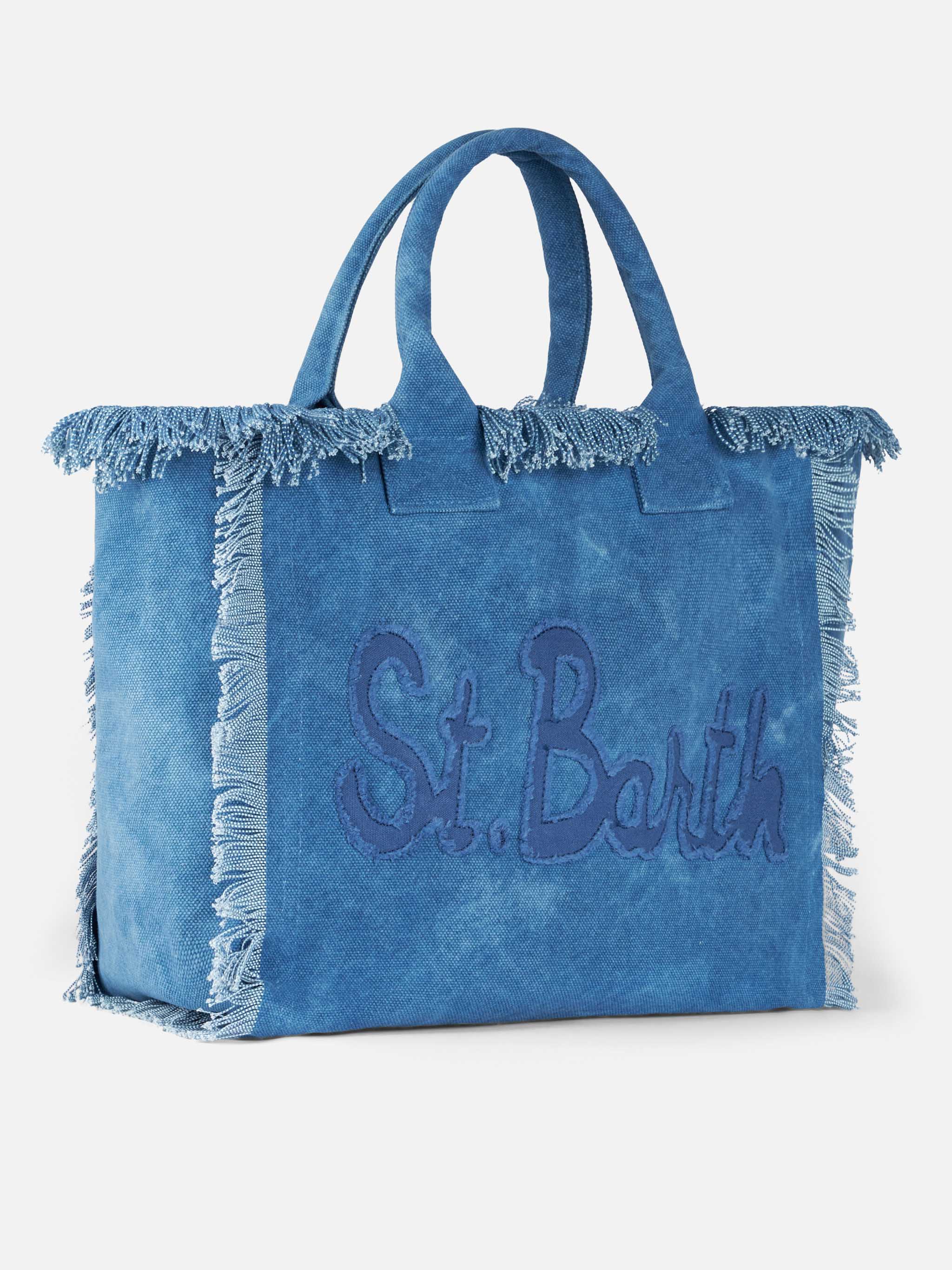 Vanity katoenen canvas draagtas met franjes - denim met Saint Barth-logopatch en ritsvak | MC2 Saint Barth