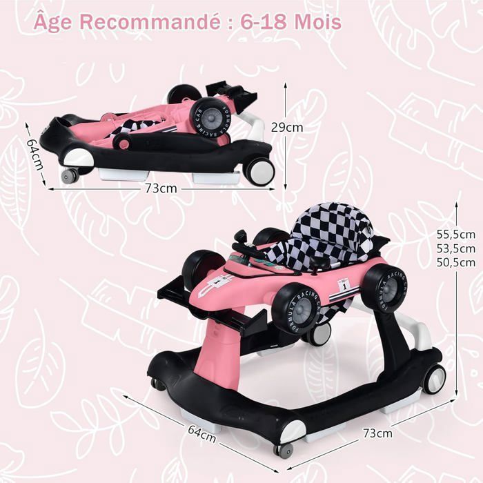 Andador plegable 4 en 1 para bebés COSTWAY - Altura y velocidad ajustables - Caja de música con luz - 6-18 meses - Ruedas silenciosas - Rosa