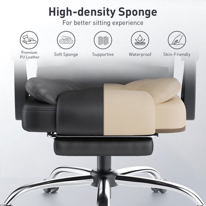 Silla de oficina, silla de polipiel con reposapiés, ergonómica, regulable en altura, negra.