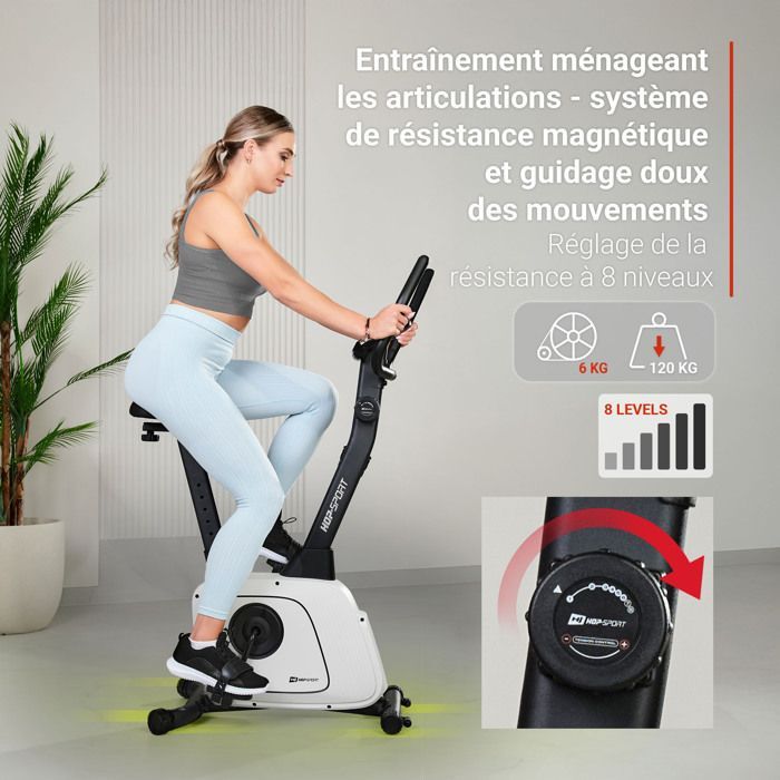 Bicicleta ergométrica Hop-Sport Connected, 8 níveis de resistência magnética HS-3000H Nexon, Bluetooth e Kinomap, capacidade máxima de 120 kg, cinza.