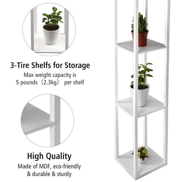 Lampadaire en bois Design Lampe sur Pied avec 3 Niveaux Etagères und E27 Base 1.6M Lampadaire étagère blanc