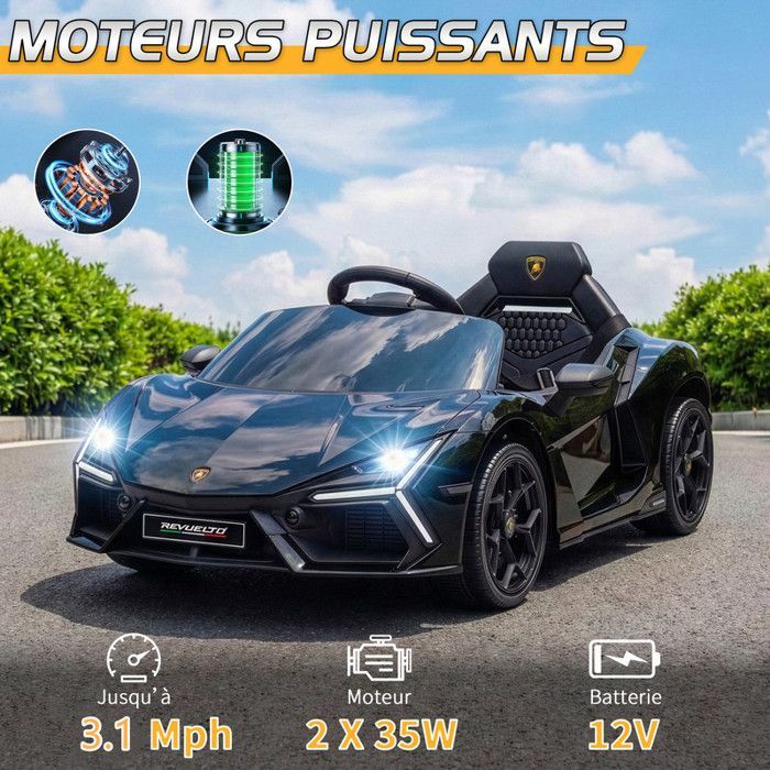 Coche eléctrico Lamborghini Revuelto - LALAHO - 3 velocidades, con control remoto 2.4G, para niños de 3 a 6 años, negro.