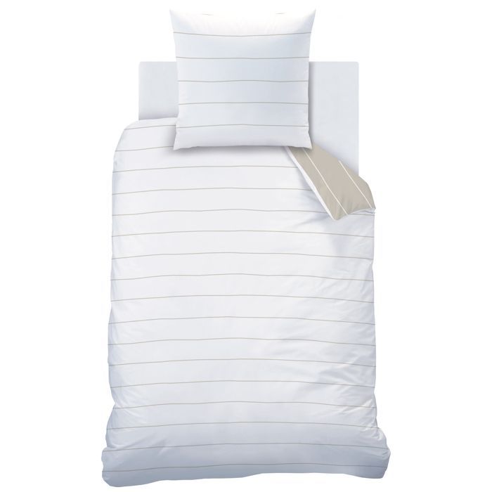 Parure de lit imprimée 100% coton - MATT & ROSE - GREIGE STRIPES - Rayures Gris beige - 140x200 + 1 taie 65x65cm