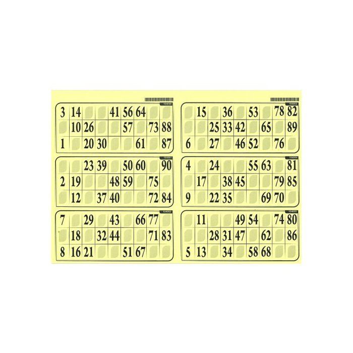 Plaque 6 grilles loto 90 numeros, standard, Jaune, 29x20cm -  Carton rigide epaisseur 1mm - Accessoire Jeu - Set materiel et carte