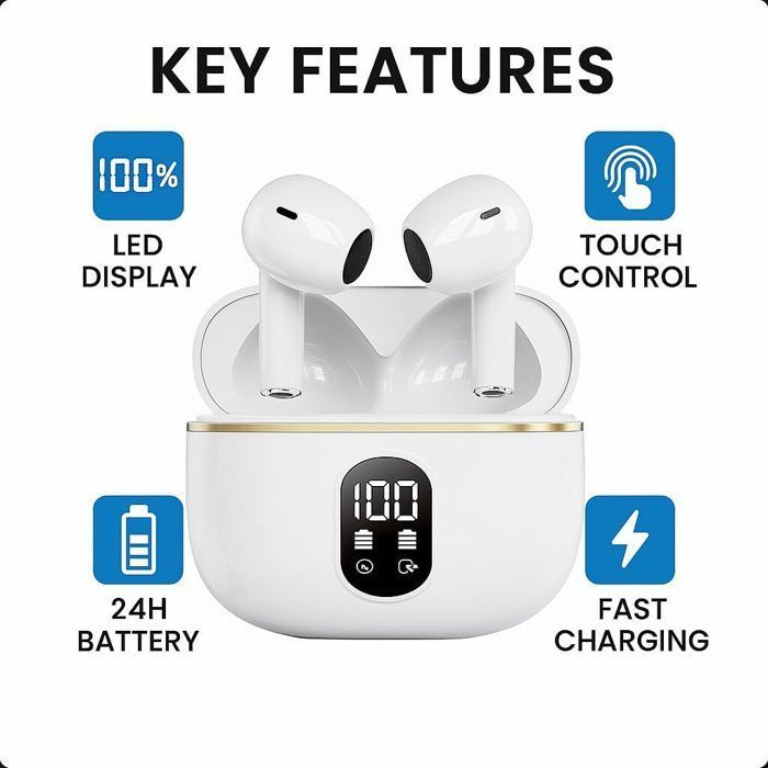 Écouteurs sans fil avec son stéréo et basses puissantes, écouteurs Bluetooth légers avec 48 heures d'autonomie Blanc