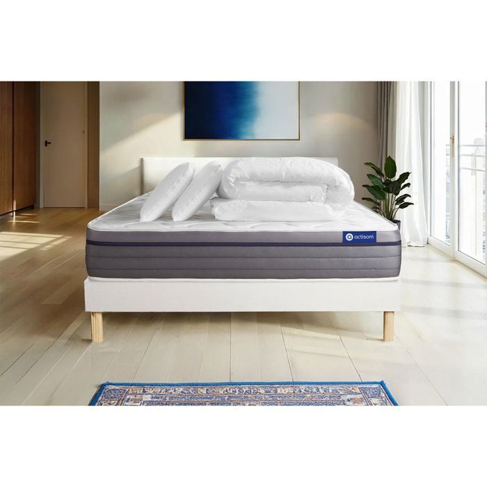 Pack lit complet 160x200 cm - Matelas + Sommier Blanc (en kit) + 2 oreillers + Couette - Actilatex Z