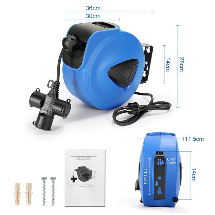 Cecaylie 20m Automatic Electric Cable Reel, Wall Mounted Extension Cord - With Three Plugs