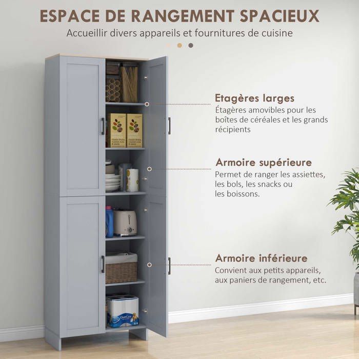 Armoire de cuisine - HOMCOM - hauteur 170 cm - buffet haut avec 4 portes étagères ajustable - design moderne - gris