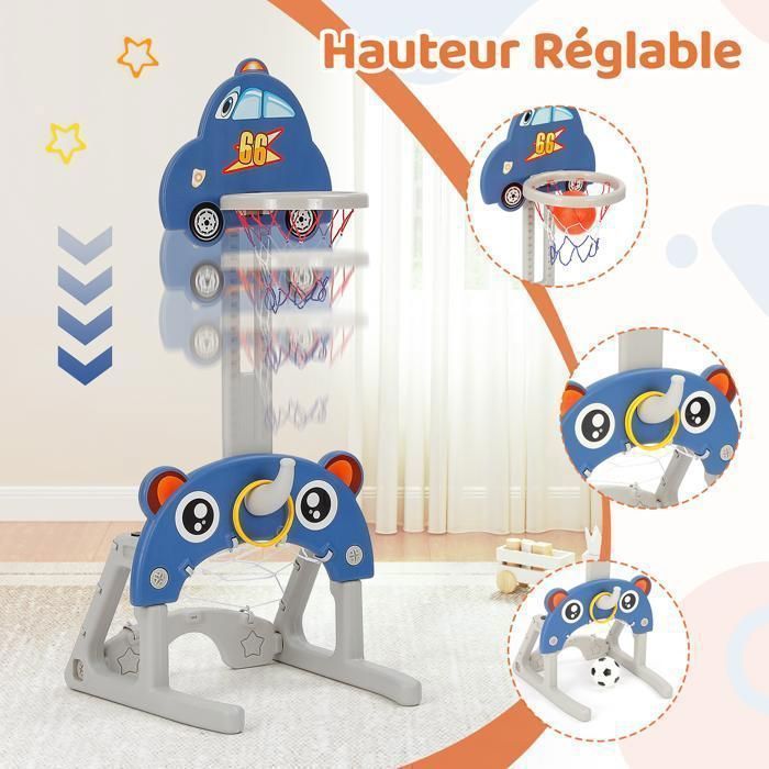 Scivolo per bambini 5 in 1 con altalena, canestro da basket, porta da calcio, gioco del lazo, hockey, blu