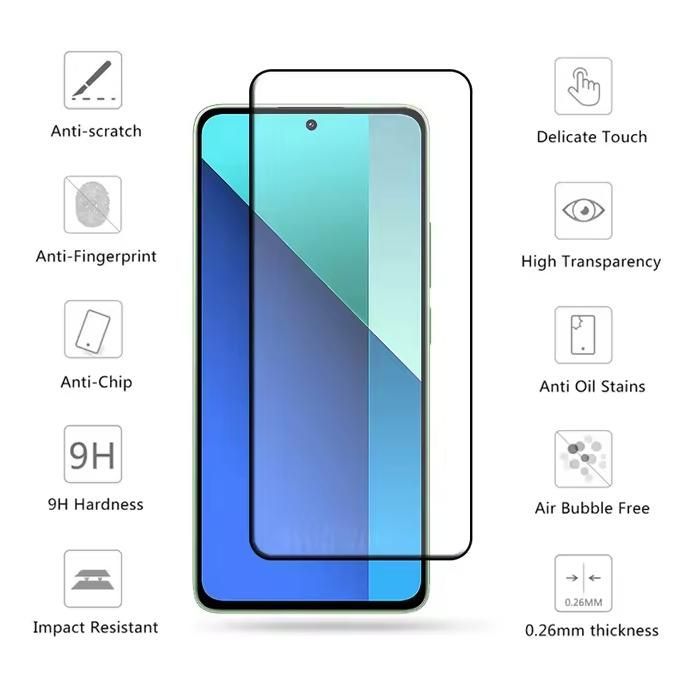 Set van 2 volledig dekkende screenprotectors van gehard glas voor de XIAOMI REDMI NOTE 13 4G/5G. Volledig zwarte dekking - Ultrabestendig met een hardheid van 9H.