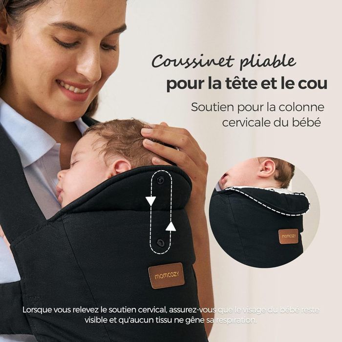 Momcozy nyfødt bæresele, ergonomisk støtte med nakkestøtte, lett og trygg (3 til 11 kg), svart