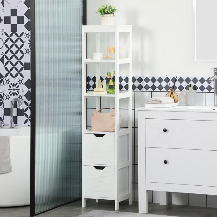 Bathroom column cabinet - Kleankin - tall storage cabinet with 3 shelves and 2 drawers - wood - 30x30x144cm