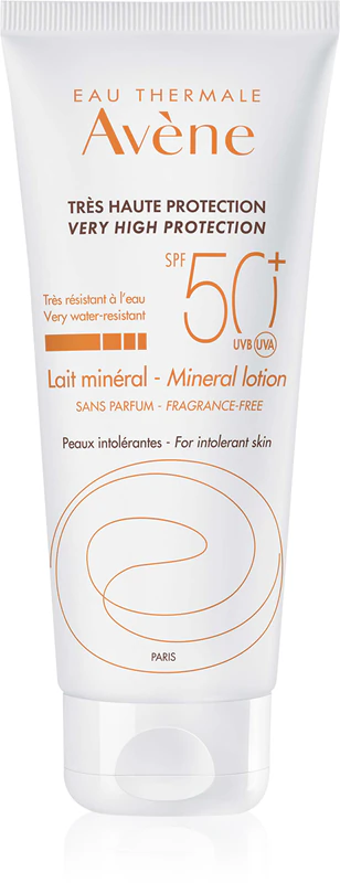 Loção solar mineral Avène, leite protetor sem filtros químicos e sem fragrância, FPS 50+.