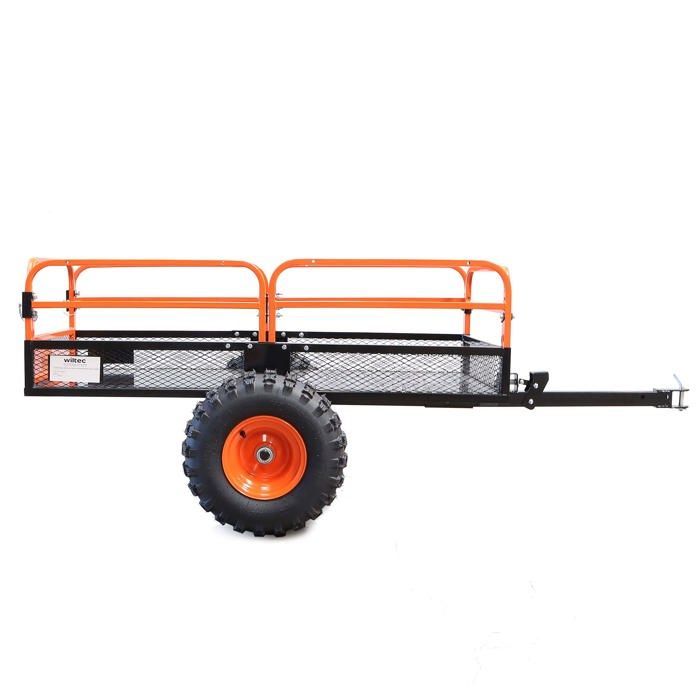 Remolque basculante Wiltec – 2159 x 1219 x 762 mm – Capacidad de 680 kg – Con rejilla y laterales desmontables – Para cortacésped autopropulsado/ATV