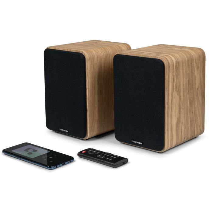 THOMSON WS602DUO - Set di 2 altoparlanti con mobile in legno - 100W - Bluetooth 5.0 - 2 uscite RCA - Legno chiaro