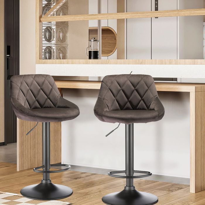 Juego de 2 taburetes de bar - MIPAN - Terciopelo - Taburete de mostrador acolchado - Altura regulable 85-105 cm - Marrón