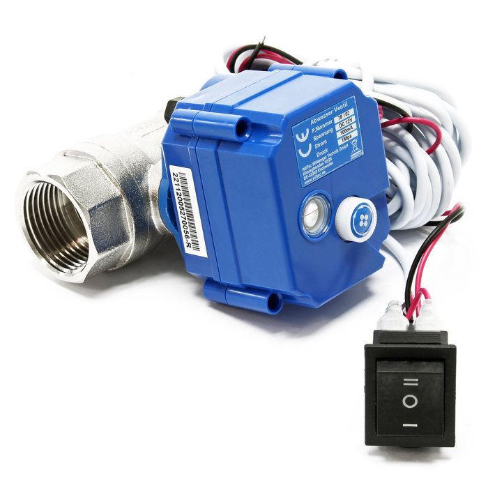 Válvula de bola para aguas residuales en autocaravanas y caravanas, 12 V CC, 25 mm de diámetro, con liberación de emergencia.