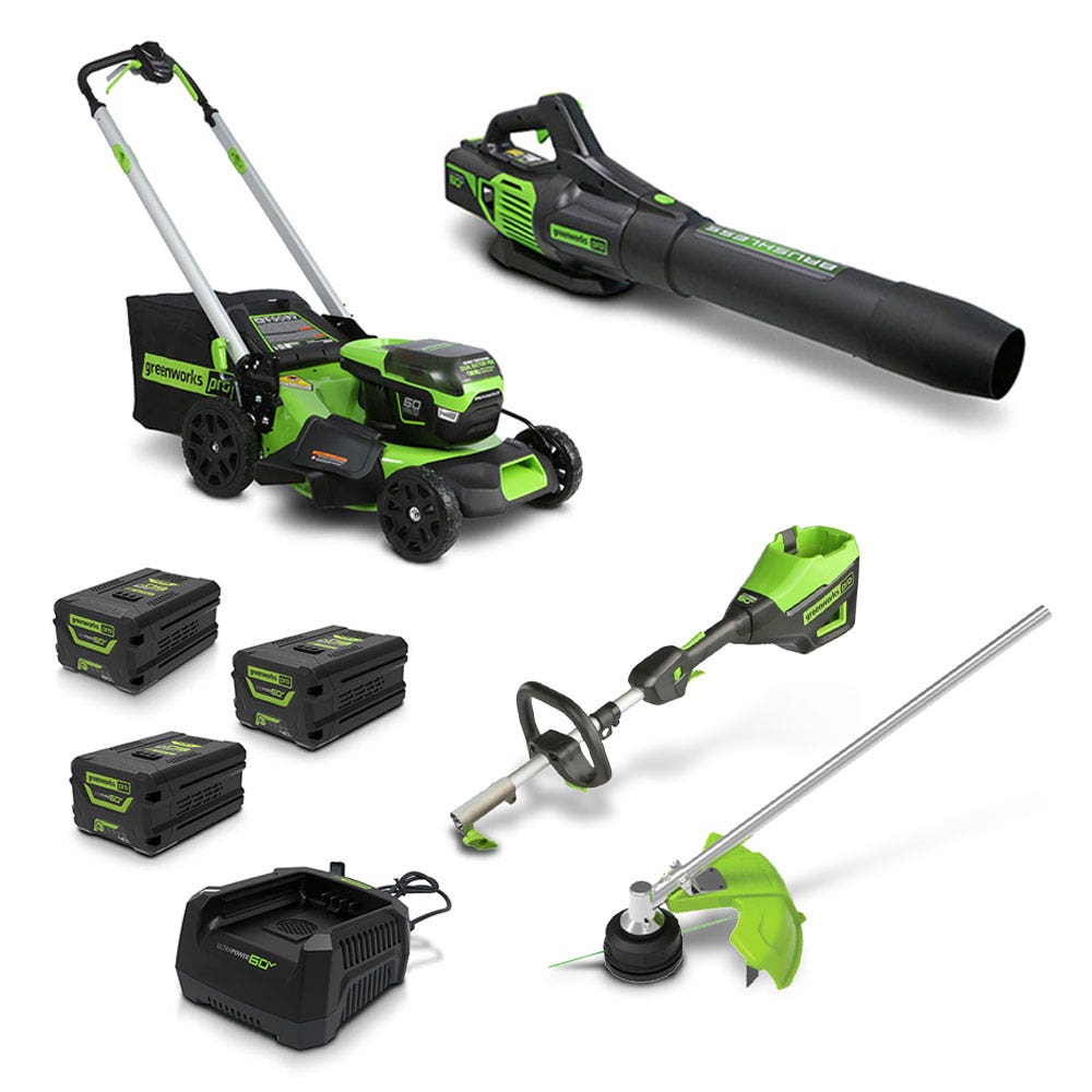 Kit multifuncional GREENWORKS 60V com 1 bateria de 6,0Ah / 2 baterias de 4,0Ah para cortador de grama, soprador e gerador (código 1305307AUVT)
